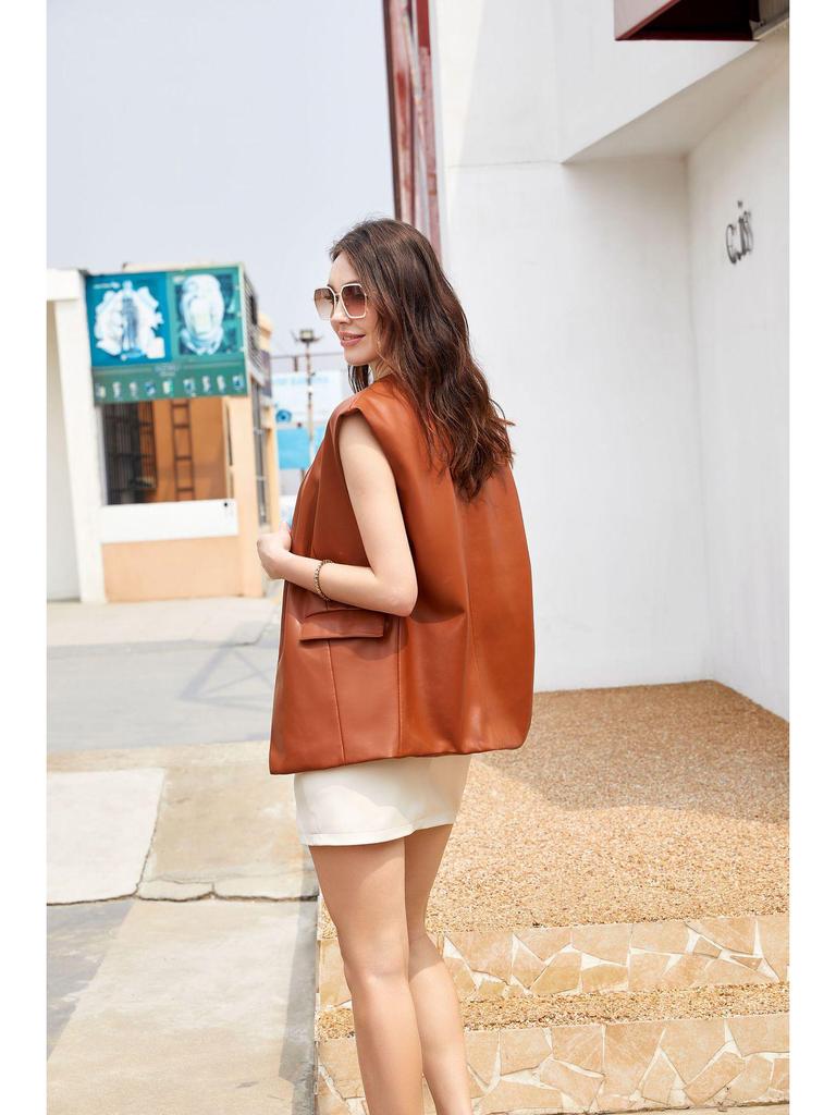 Plus Size Women's Sleeveless PU Leather Vest & Short Cardigan Jacket