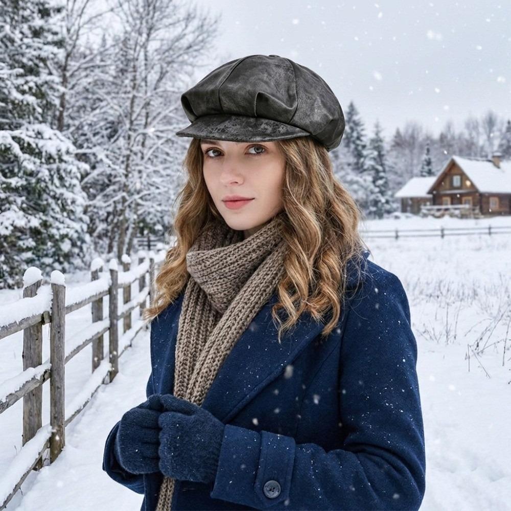 Octagonal Cap Pu Leather Beret British Style Painter Hat Elegant Artist Cap  Women