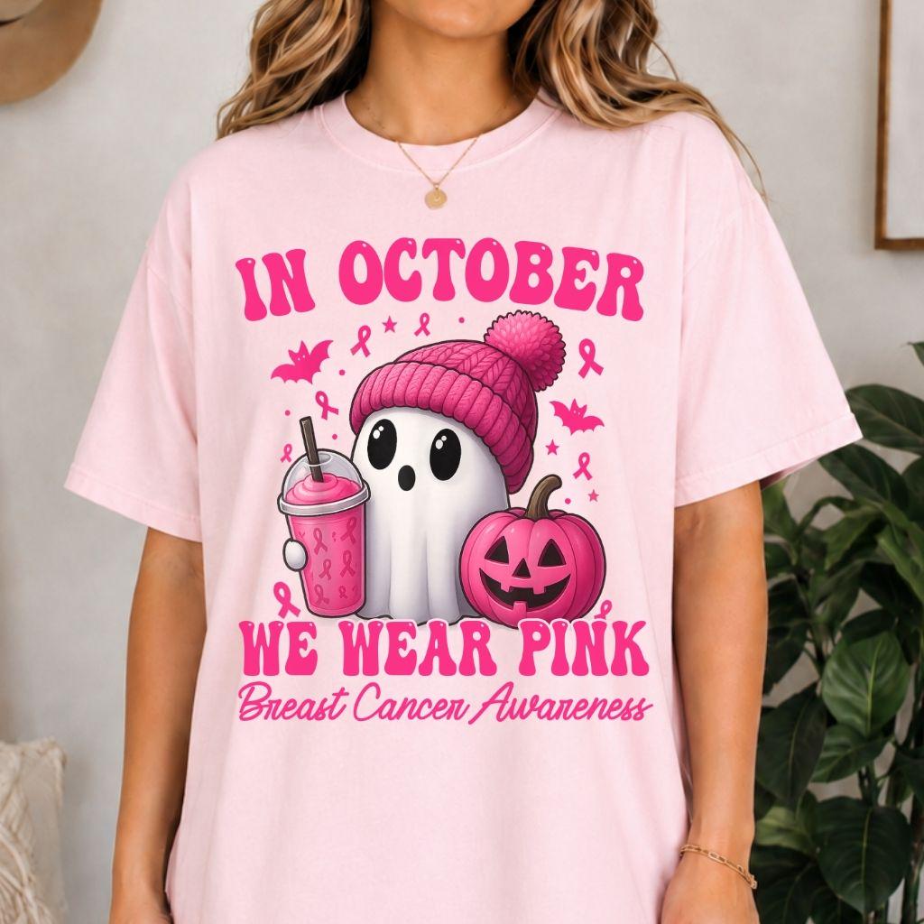 In October We Wear Pink Shirt, Breast Cancer Awareness Tee, Pink Ribbon Halloween Shirt, Cute Ghost Pumpkin Cancer Awareness Gift