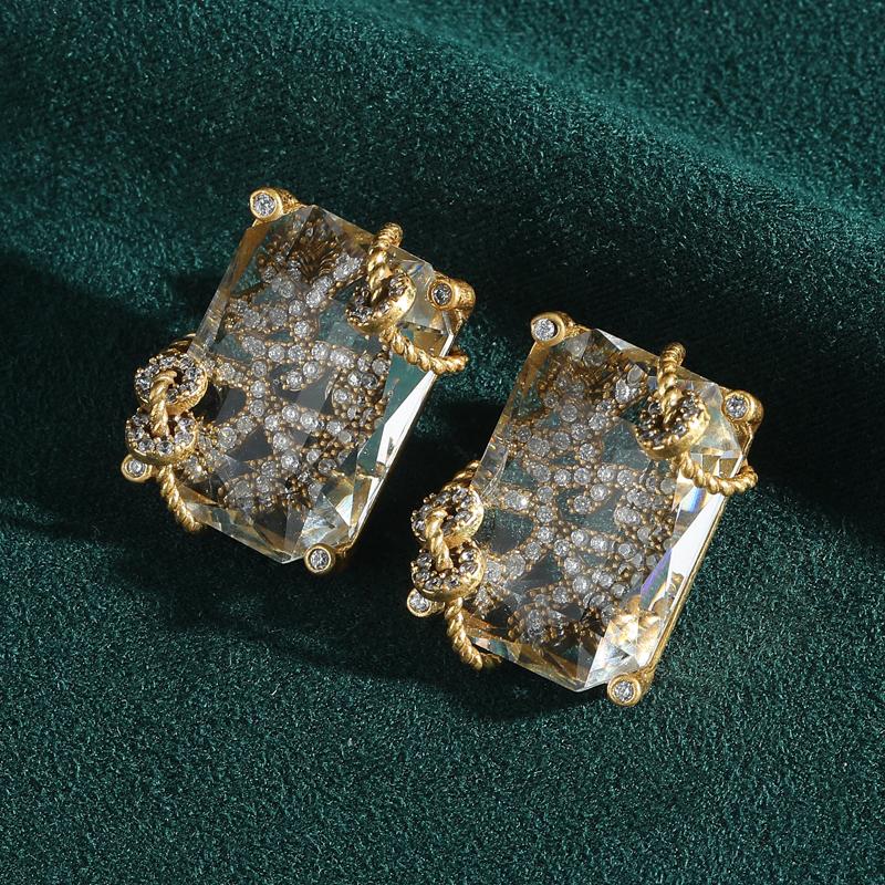 Luxury Designer Transparent Crystal Earrings Stud Rhinestones Square Winding Gold Color Vintage Jewelry High Quality Accessories