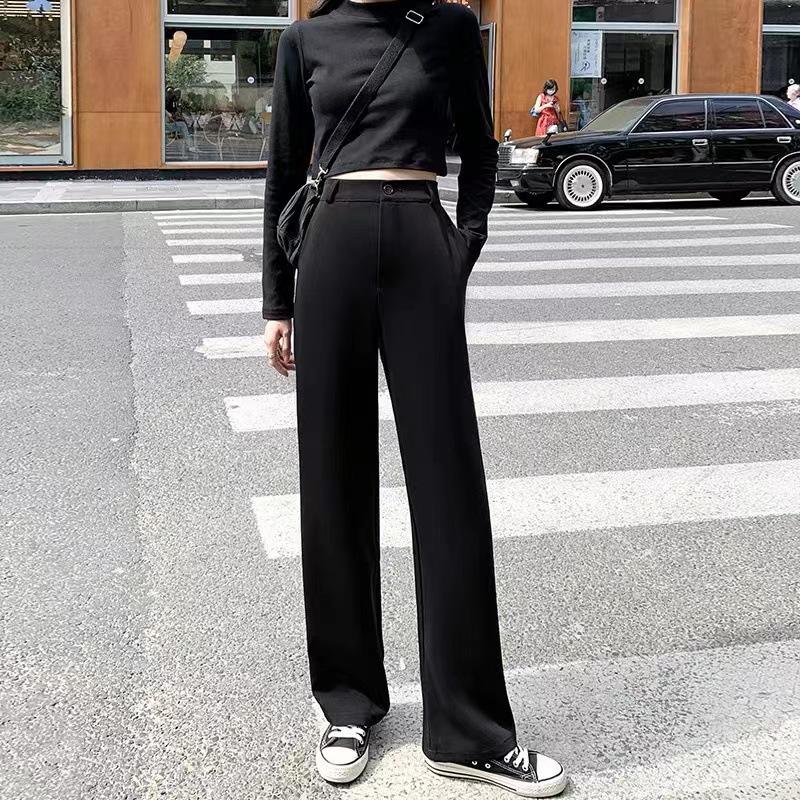 Women's Petite Black Wide-Leg High-Waist Casual Summer Pants