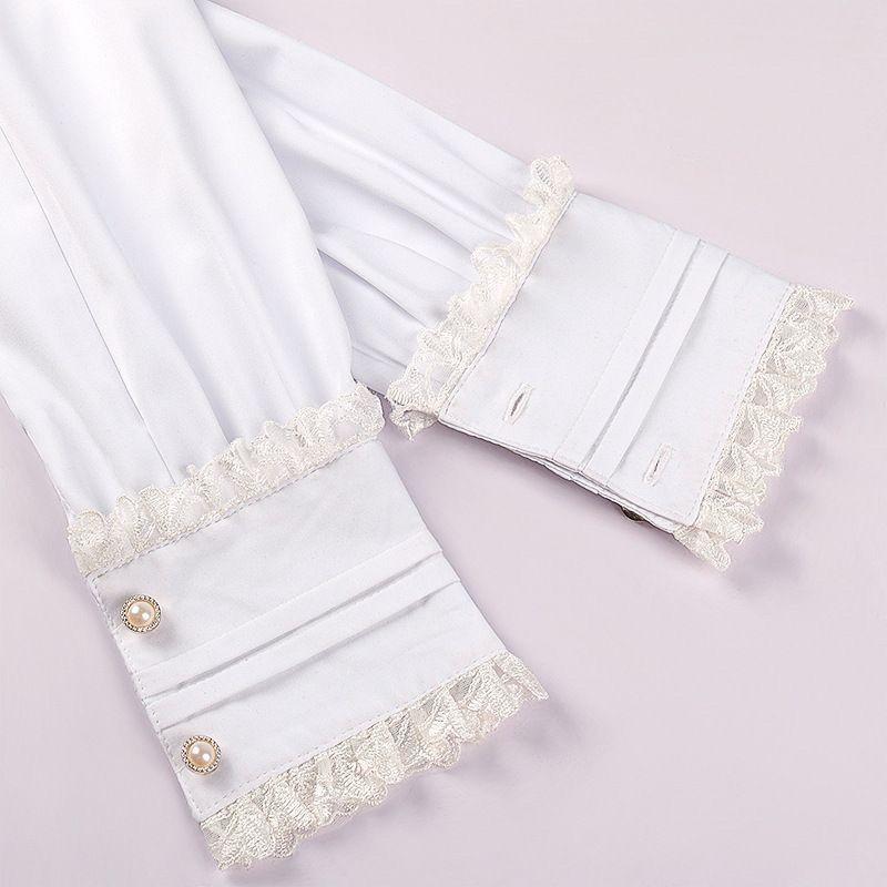 Summer Women's Vintage Ruffle Collar Shirt High Neck Lace Trim Button Down Shirt Elegant Gothic Blouse Tops