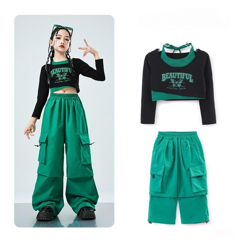 Children's Street Dance Fashion Suits Girl's Jazz Performance Hip-hop Clothes Color Matching Cool Wide Leg Pants 2-piece Set