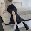 Ruffle Fishtail Skirt Black Slim High-waisted Open Package Hip A-line Elastic Medium-length Female Versatile Comfortable Fashion Denim Bustier Skirt