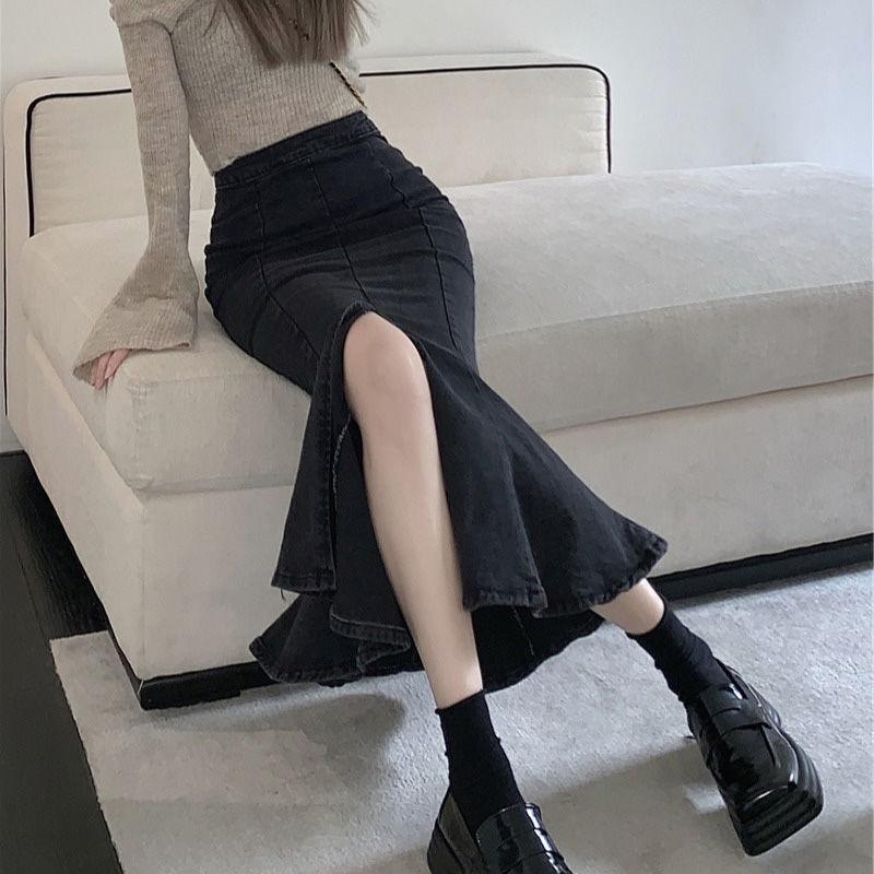 Ruffle Fishtail Skirt Black Slim High-waisted Open Package Hip A-line Elastic Medium-length Female Versatile Comfortable Fashion Denim Bustier Skirt