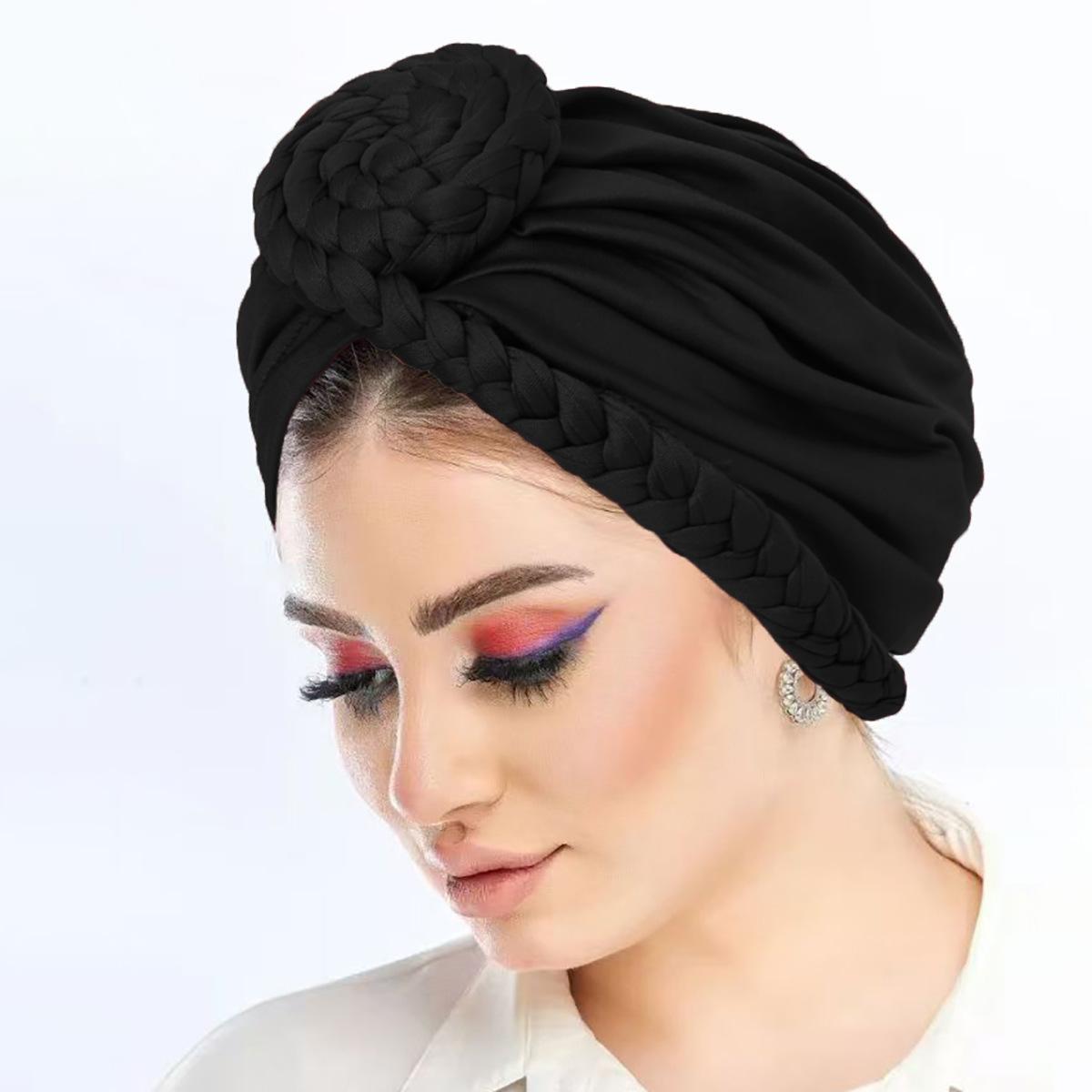 

Knotted Turban Muslim Inner Hijab Hat Braids Women Chemo Cap Bonnet Beanie Head Wrap Headwear чорний