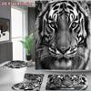 4Pcs Tiger Shower Curtain Set with Non-Slip Bath Mat, Toilet Lid Cover, Contour Rug & 12 Hooks, Bathroom Decor