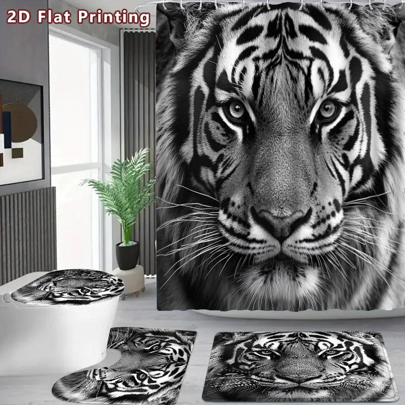 4Pcs Tiger Shower Curtain Set with Non-Slip Bath Mat, Toilet Lid Cover, Contour Rug & 12 Hooks, Bathroom Decor