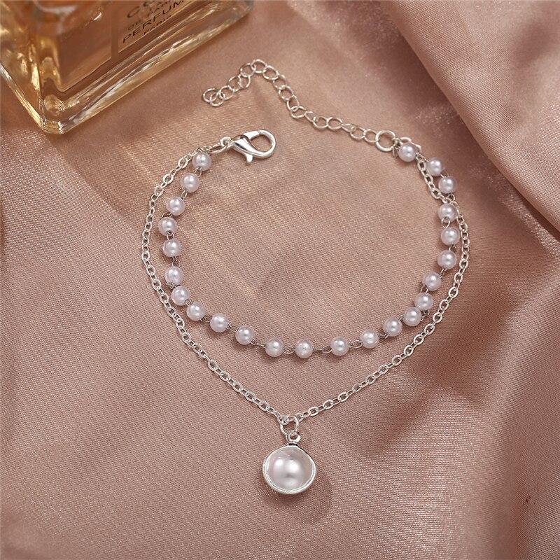 17KM Moda multi-camada pérola pingente pulseira para mulheres meninas bonito ouro prata cor corrente pulseiras jóias presente