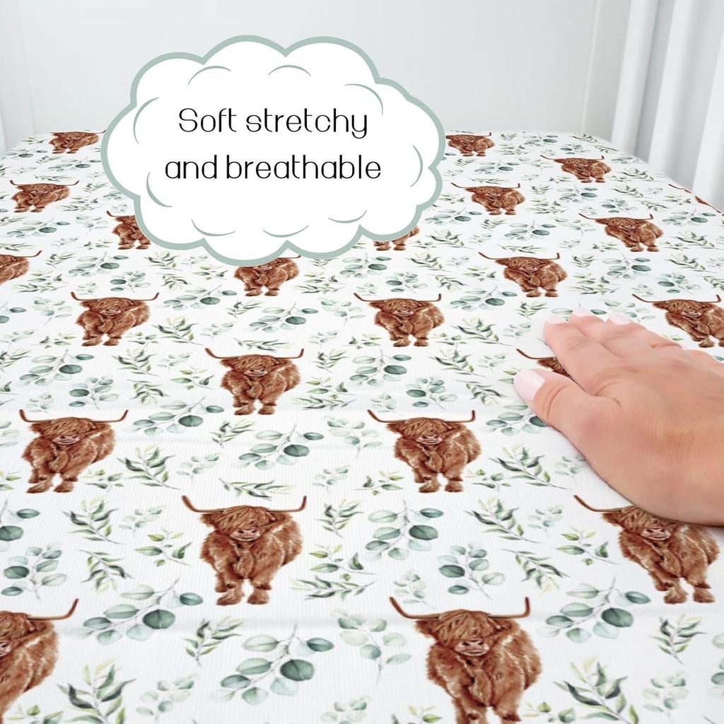 HawSkgFub Highland Cow Eucalyptus Leaf Fitted Standard Crib Sheet for Baby Boy Girl, Neutral Western Farm Animal Yak Toddler Mattress Cover, Soft