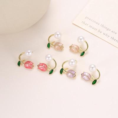 925 Silver Tulip Oil Drop Two-Way Pearl Earrings - Korean Sweet Flower Design for Women