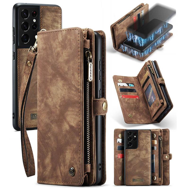 2 v 1 Taška na karty Peněženka na zip Kožené pouzdro pro Samsung S23 Ultra S22 S21 FE S20 Plus A34 A54 A14 A12 A52 A53 Note20 Kryt na peněženku