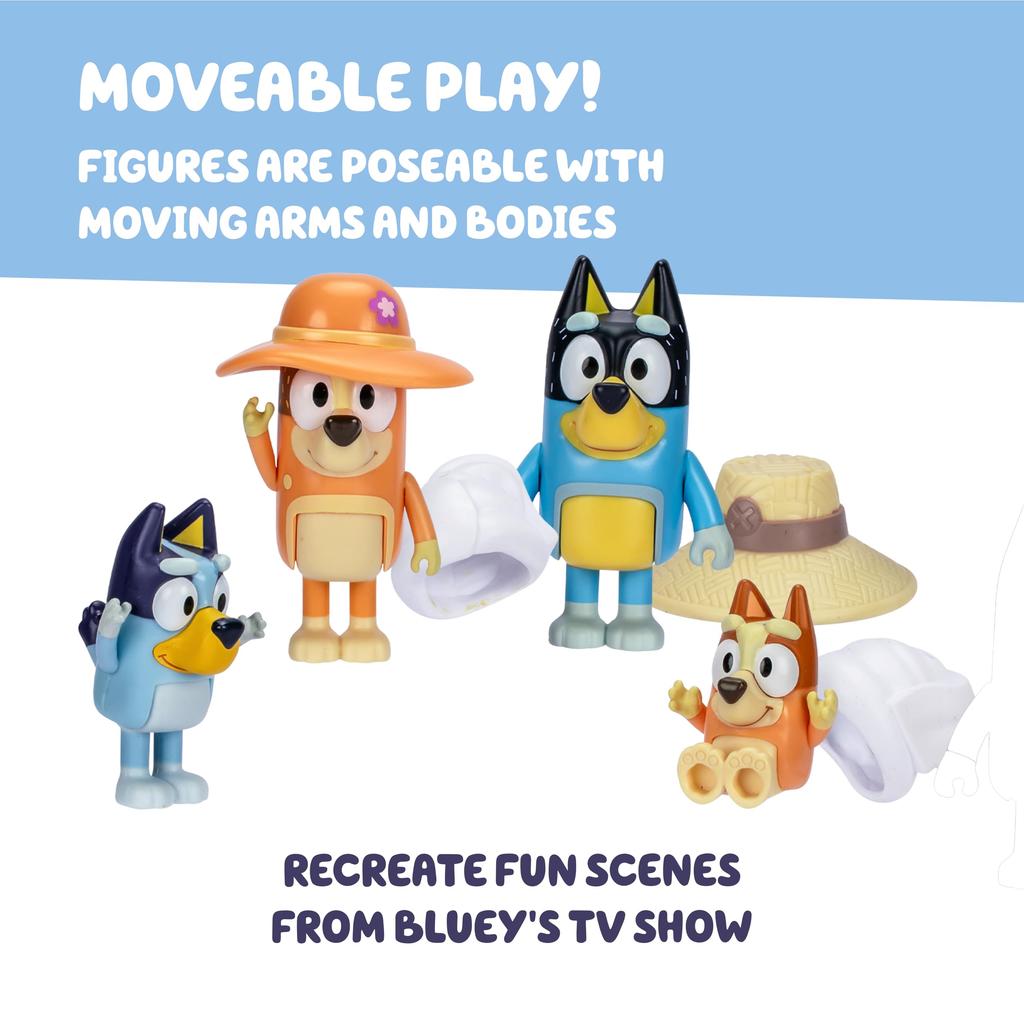 Bluey Figures 4-Pack Family Vacation 6.3cm Poseable Figures of Bluey, Bingo, Bandit, and Chili