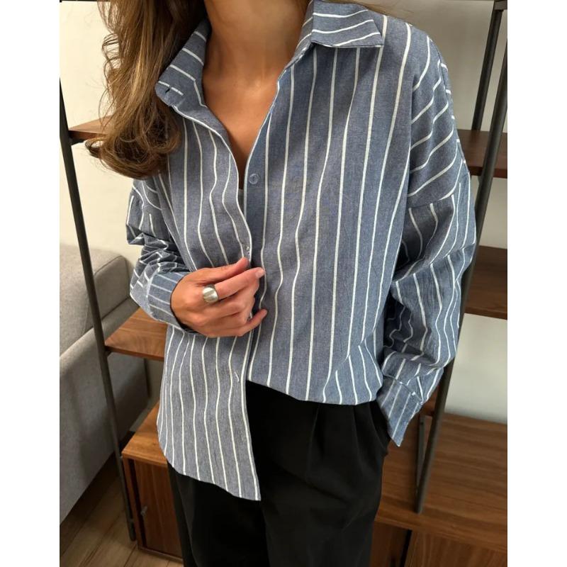 Dámská letní pruhovaná košile svrchní ležérní knoflíková s dlouhým rukávem s klopou top