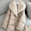 Faux Fox Fur Detachable Large Lapel Fur Down Jacket Women Winter Medium Long Loose White Goose Down Coats