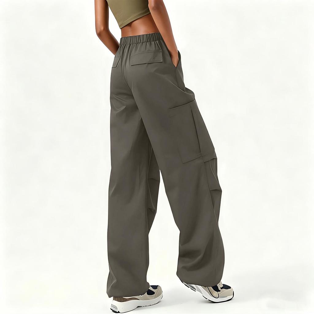 Women's High Waist Wide Leg Cargo Pants Loose Fit Casual Trousers with Pockets Adjustable Waistband and Button Closure