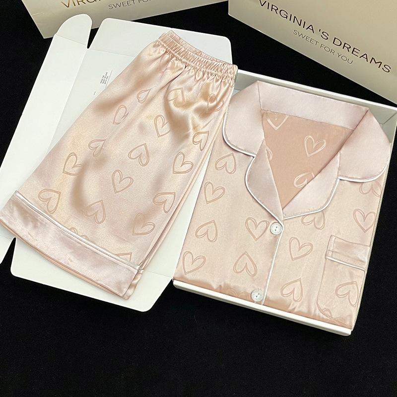 Spring And Summer Sweet Short Sleeve Shorts Set Pink Peach Heart Thin Wear Home Tile
