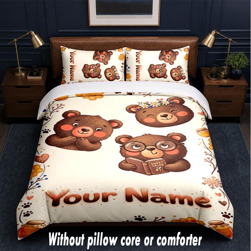 Teddy Bear Theme Custom Text Or Name 3Pcs Bedding Set,1 Flat Sheet & 2 Pillowcases Personalized Home Bedding