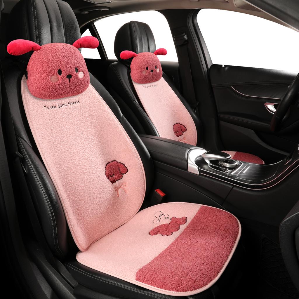 Funny Puppy Car Seat Cover 2025 New Autumn Fleece Fabric PU Leather Warm Comfortable Quick Installation Fits Most Cars