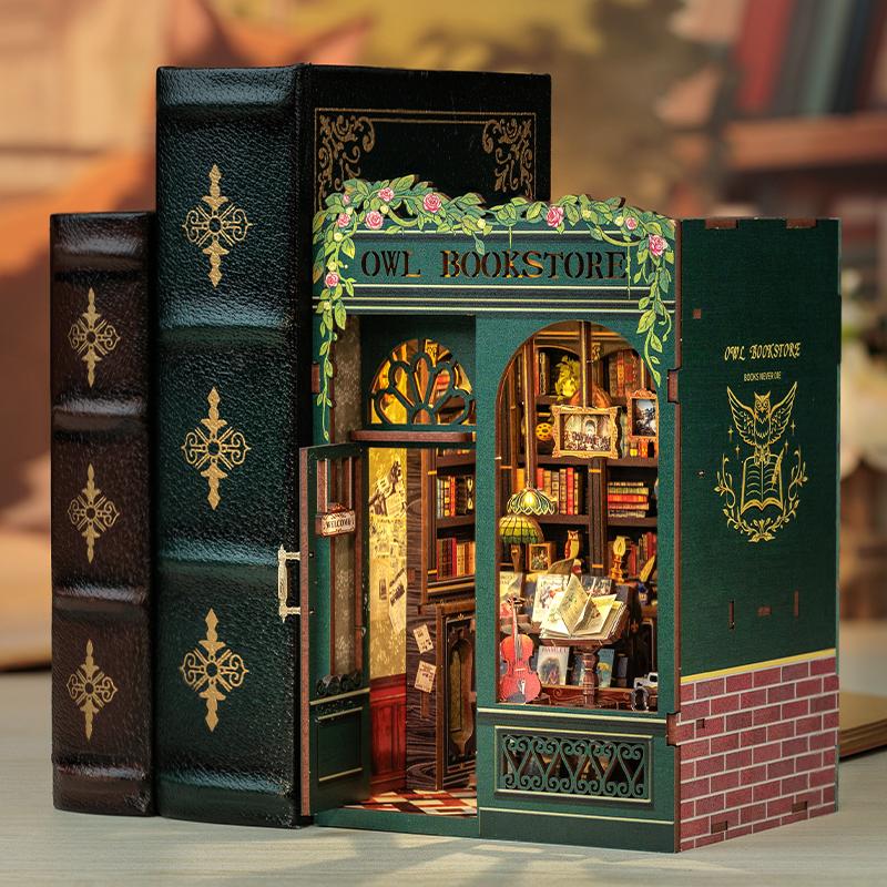 DIY Book Nook Kit Miniature Wooden Dollhouse with Lights Bookshelf Insert 3D Puzzle Model Owl Bookstore Gifts