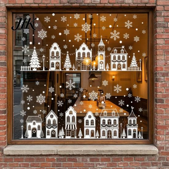 Office Sliding Door Decorations 4Pcs Christmas Static Window Clings, White Town House Snowflake Glass Stickers, Glue Free Stickers Reusable