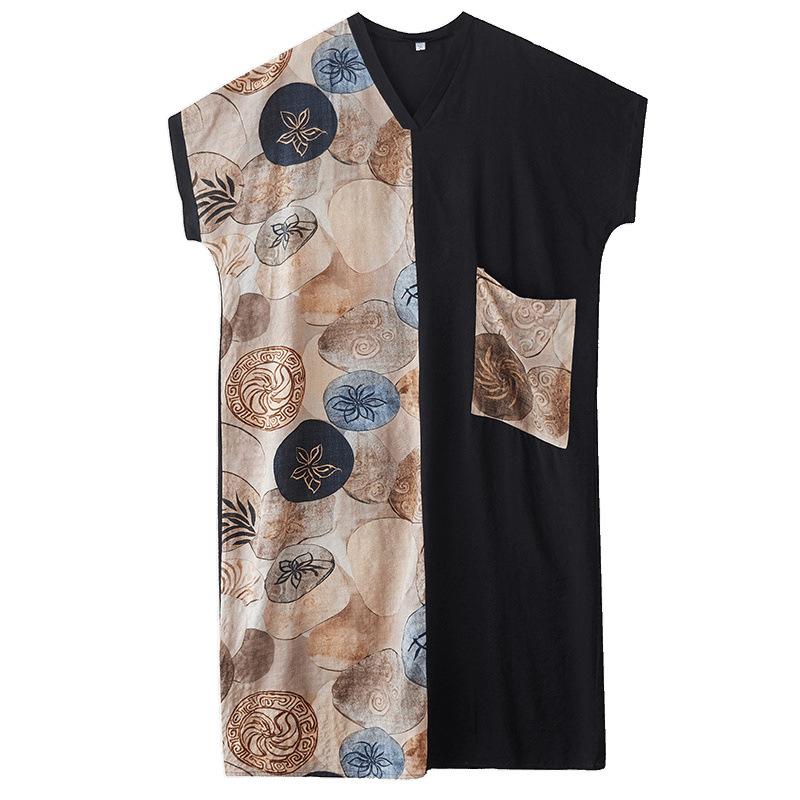 A Summer Thin Cotton and Linen Dress with A V-neck Short Sleeves and Contrasting Color Patchwork for A Slimming Look