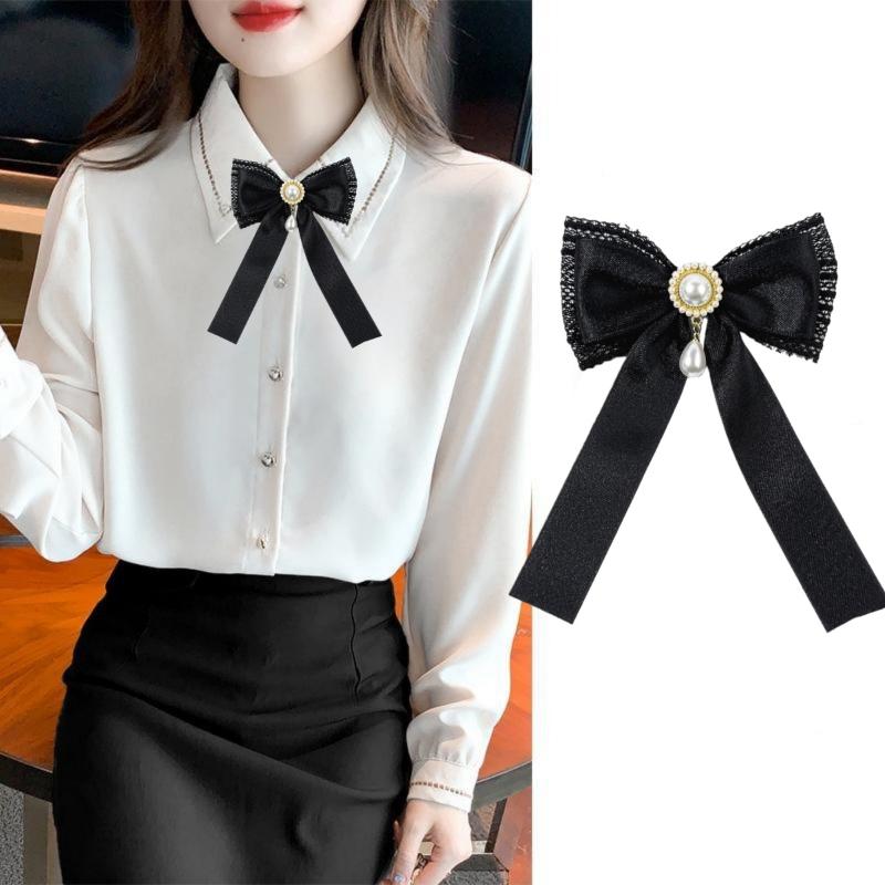 Schwarze Spitze Satinband Perlen Schleife Brosche Krawatte College Stil Damen Hemdkragen Pin Kleidung Dekoration Zubehör