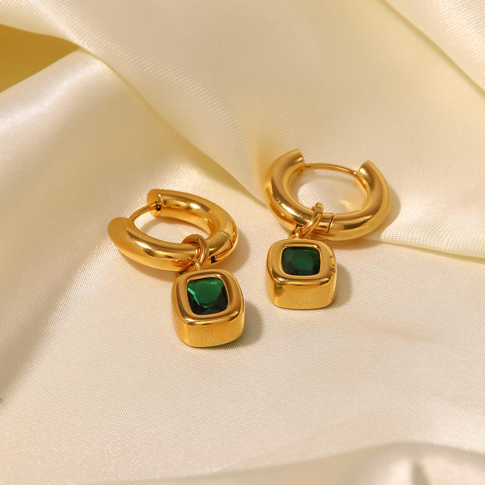 

Stainless Steel Green Zircon Drop Hoop Earrings For Women Vintage Luxury Round Earrings Jewelry Accessory