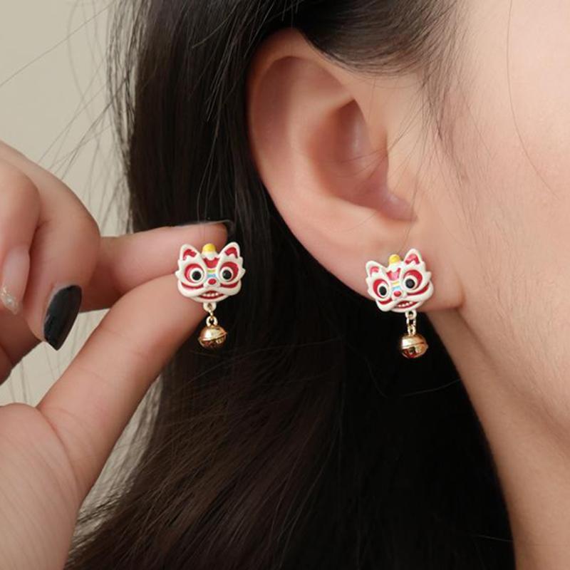 Chinese Style Red Little Lion Bell Pendant Earrings for Women The Year of The Dragon Gift New Year Festive Jewelry Gifts
