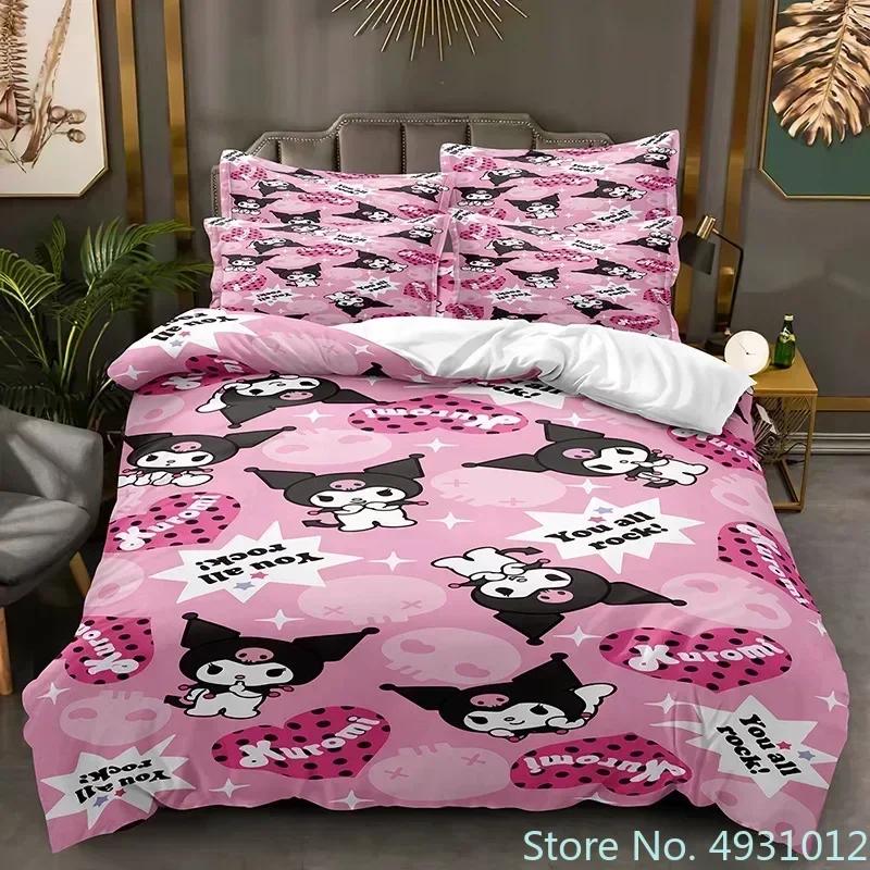 Sanurgente Kuromi Melody Bedding Set Pillowcase Anime Bedclothes Cartoon 3D Printed Kids Adult Boys Quilt Duvet Cover Gift