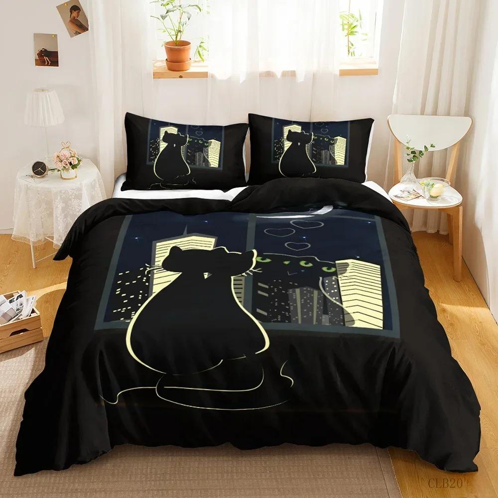 Comforter 3Pcs Single-Sided Printed Bedding Set Comforter Cartoon Cute Cat Duvet Bedding Pillows Comfortable S Beddingset