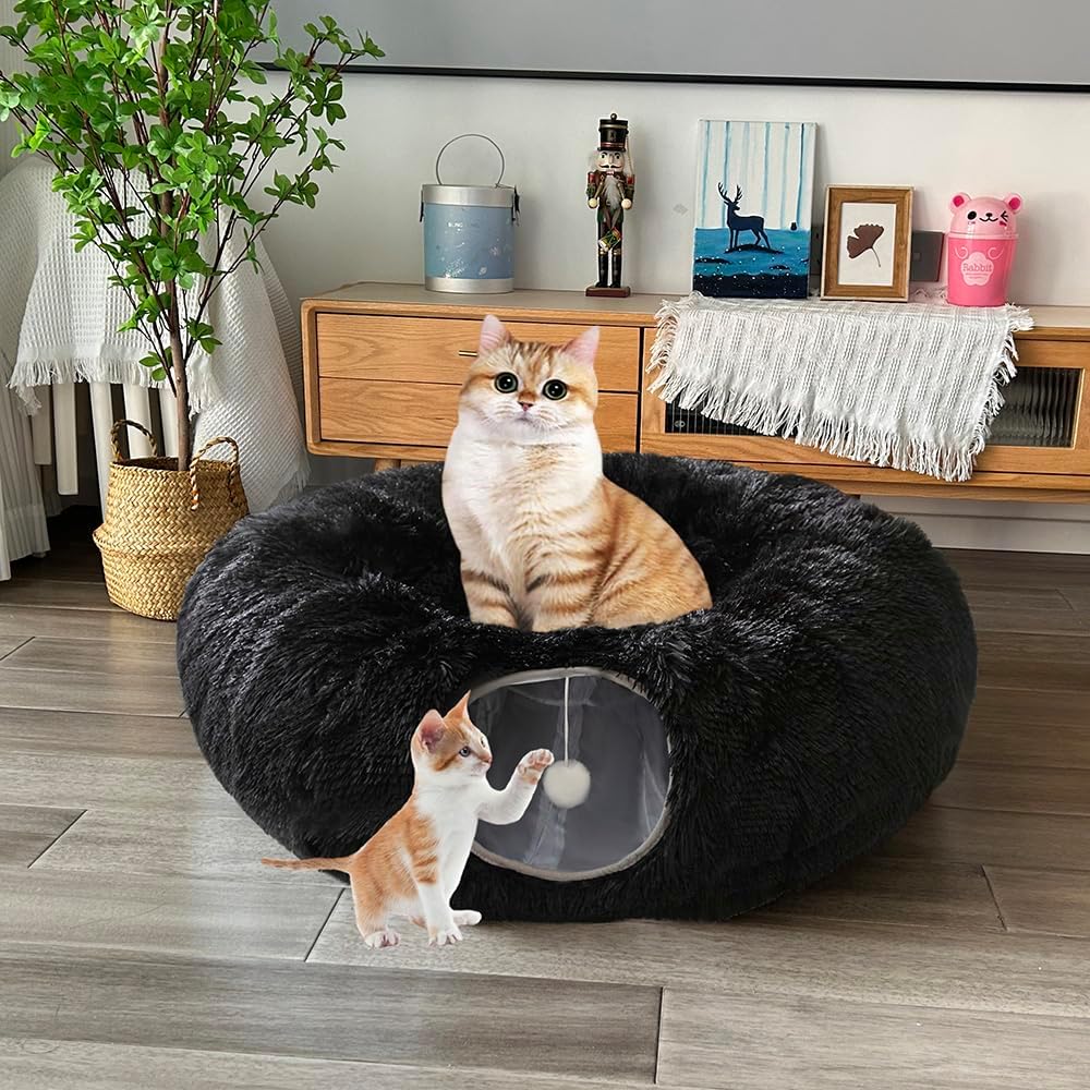 Cat Tunnel Tube Toy Kit Collapsible 2 Way Grey Plush, Pet Tunnels for Indoor Cats, Long Tubes for Puppy, Kitty, Kitten, Rabbit for Playtime &
