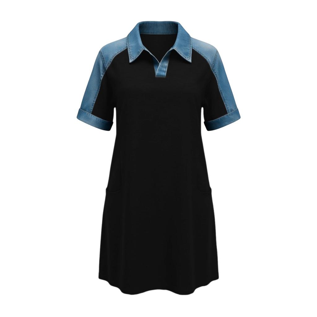 Women’s Casual Denim Patchwork Dress Short Sleeve Loose Fit T Shirt Dress with Pockets and Printed Design for Everyday Wear