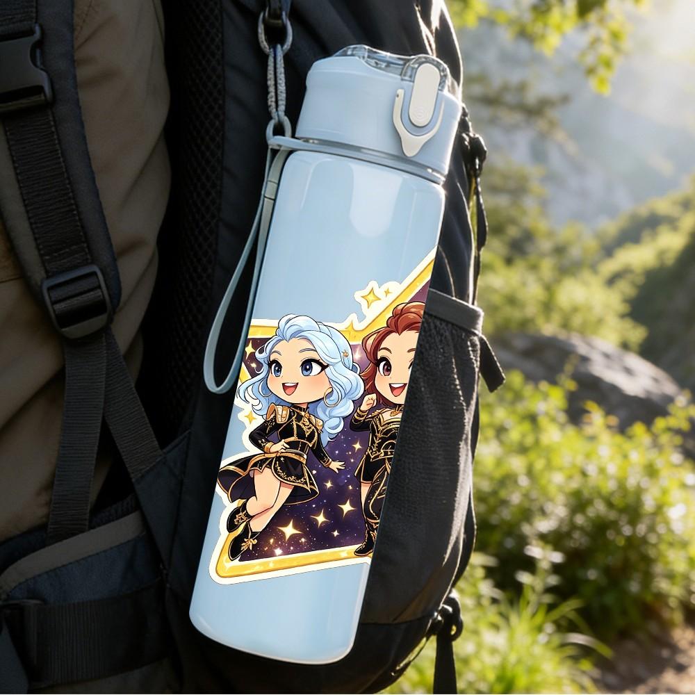 1PC Star Frame Chibi Character Group 750ml Color Plastic Sports Water Bottle Leakproof Flip Straw Lid For Sports Office Home Use