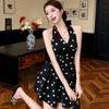 New French Style Elegant Women's Polka Dot Halter Neck Mini Dress with Back Bow Tie Sleeveless A Line Waist Casual Summer Party Summer Short Dress
