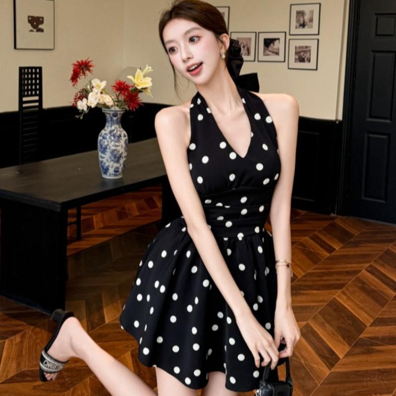 New French Style Elegant Women's Polka Dot Halter Neck Mini Dress with Back Bow Tie Sleeveless A Line Waist Casual Summer Party Summer Short Dress