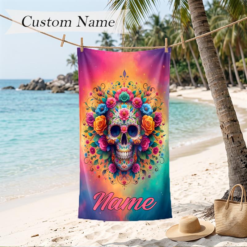 Blumen Schädel Personalisierter Name Aufgedrucktes Strandtuch Weiches Handtuch zum Schwimmen Strand Reisen