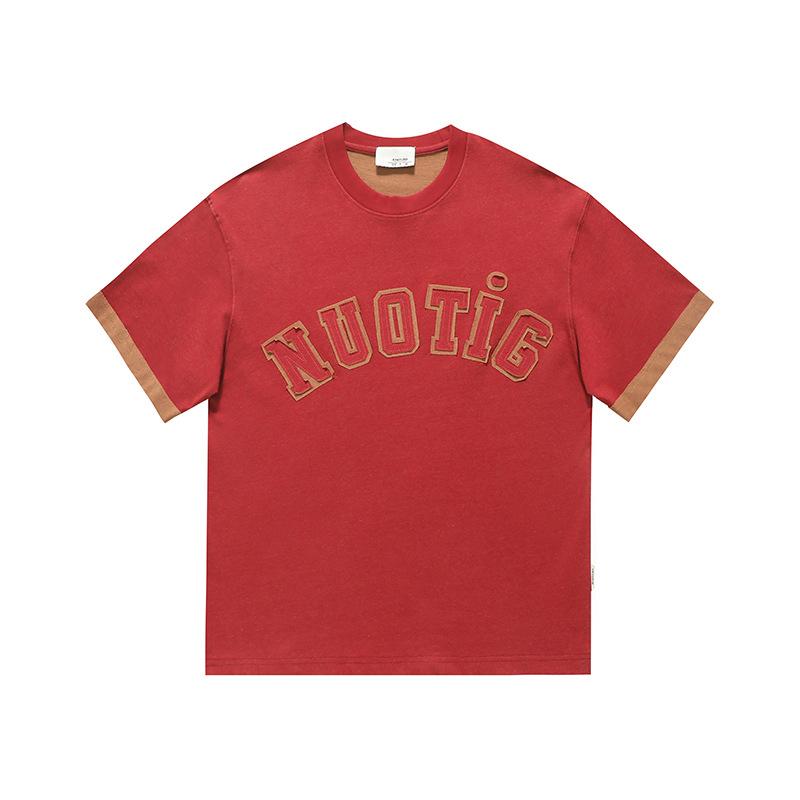 Letter Patch Color Block Washing Short-sleeved T-shirt for Men and Women Loose Casual Shirts