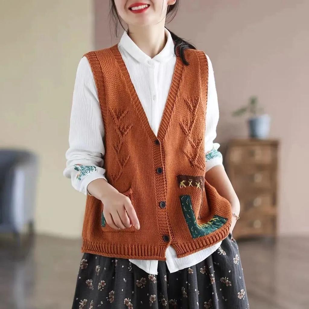 Květinová nášivka kapsa Bavlna Dámská pletená vesta Cardigan Volný a zeštíhlující podzimní ležérní výstřih do V bez rukávů