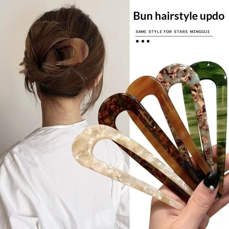 Large U Shaped Hair Forks Marble Acrylic Texture Strong Hold For Messy Bun Hairstyles Daily Wear Parties Office