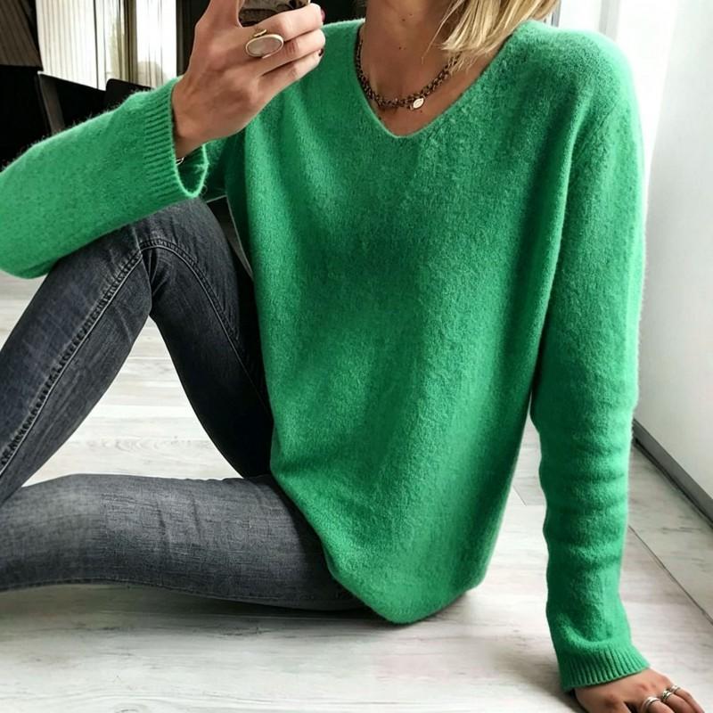 Damen Übergroßer V-Ausschnitt Drop Shoulder Pullover Lockerer Freizeit Strickpullover Mode