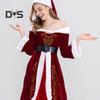 Women Christmas Dress Santa Cosplay Off Shoulder Color Matching Retro Yoyal Style with Belt And Hat A-line Performance Party Festive Costume