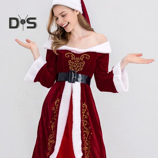 Women Christmas Dress Santa Cosplay Off Shoulder Color Matching Retro Yoyal Style with Belt And Hat A-line Performance Party Festive Costume