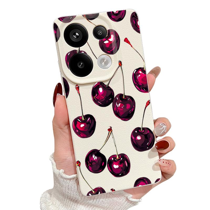 Retro Oil Painting Style Cherry Pattern Case For Xiaomi 14T 13T 11T Pro Funda Redmi Note 14 13 Pro 5G 12 11 Leather Texture Silicone Cover