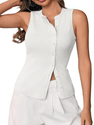 Women's Ribbed Sleeveless Tank Top Button Down Fitted Going Out Vest Shirt