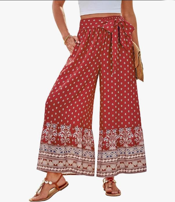 Women s High Waist Elastic Drawstring Wide Leg Palazzo Pants Bohemian Floral Print Flowy Long Beach Trousers Summer S