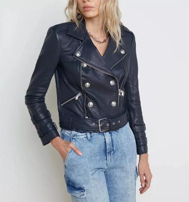 Stylish Navy Blue Women's Jacket Biker Real Lambskin Leather Motorcycle Style