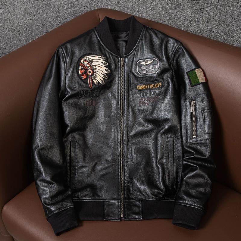 Genuine Leather Baseball Jacket Mens Indian Style Biker Coat Autumn Outerwear Large Size Pure Cowhide