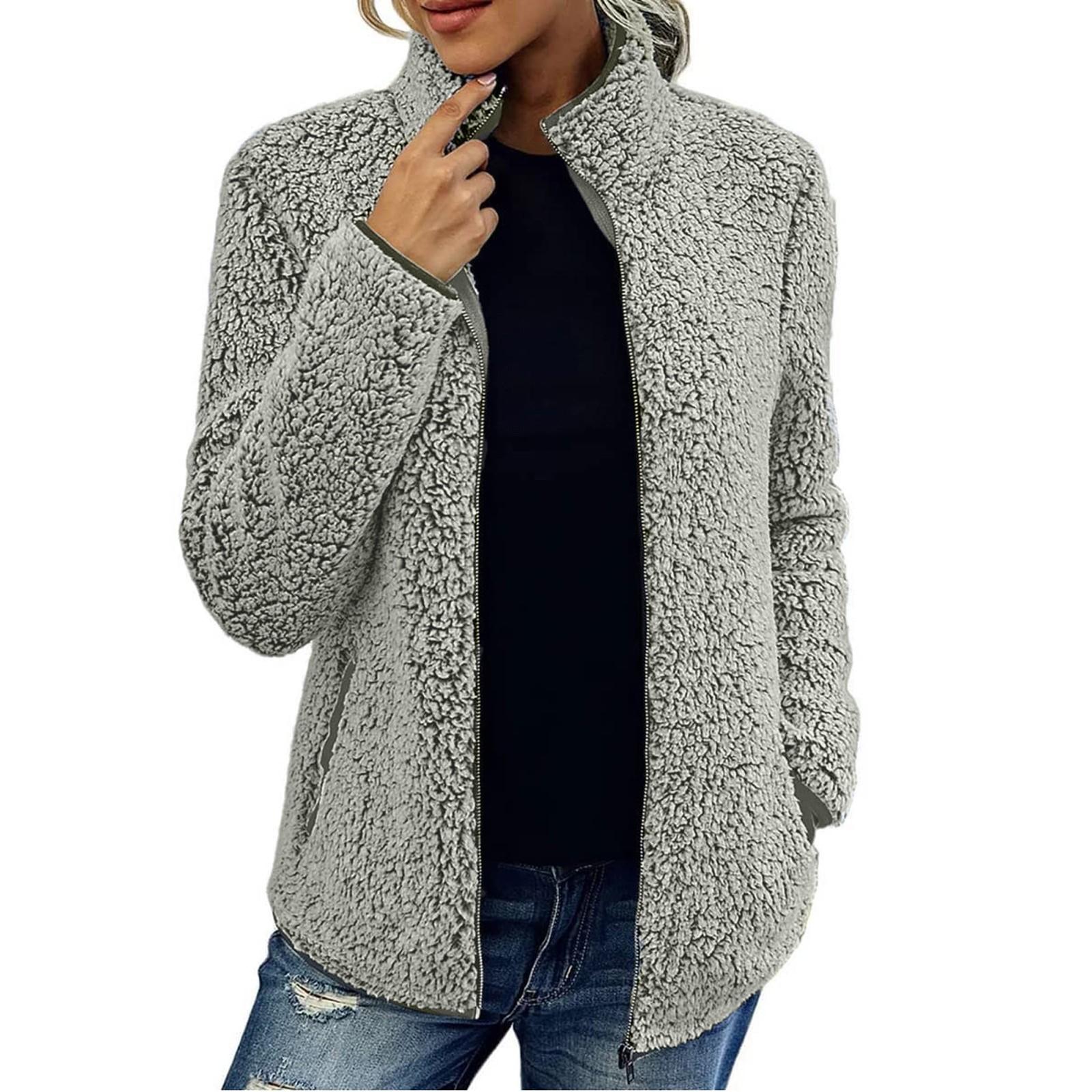 

Жіноча однотонна вільна флісова куртка з довгими рукавами, модна та тепла S