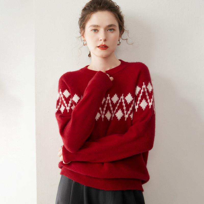 Women's Cashmere Round Neck Jacquard Sweater - Thick, Stylish, and Soft for Autumn/Winter